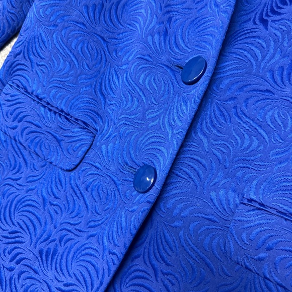 Ossie Clark London Blue Jacquard Longline Coat Textured Button Front Size 10 - Picture 5 of 12